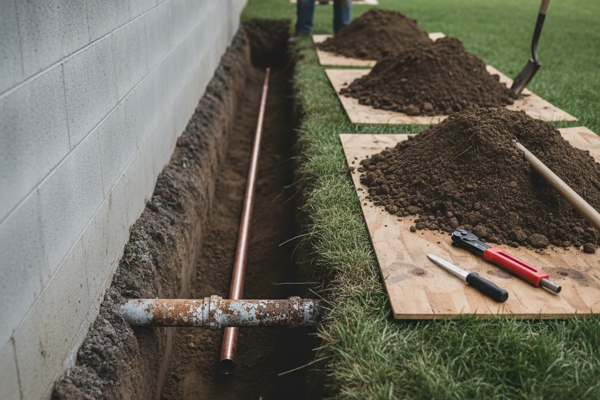 Excavated water line trench during Water Heater Repair in Munford